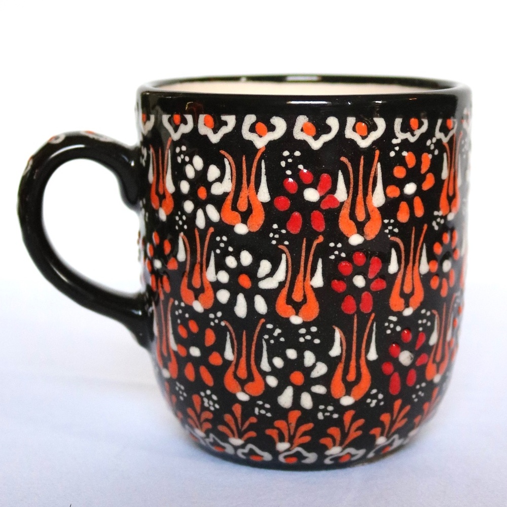 Handmade Hand Painted Turkish Coffee Tea Mug Black Orange Red Ceramic